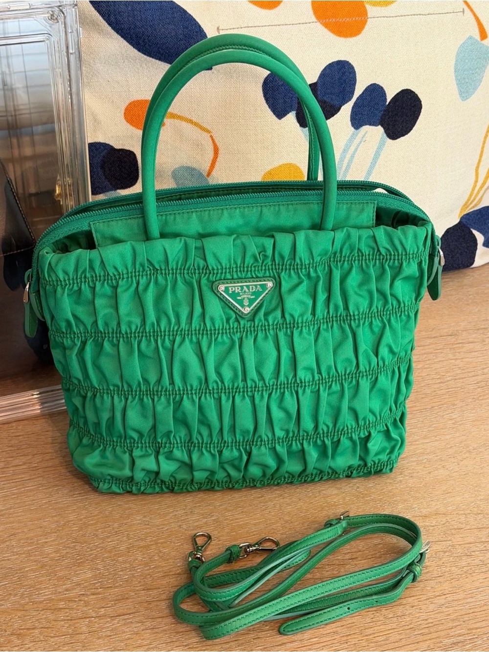 Prada Gaufre Green Nylon Zip Tote